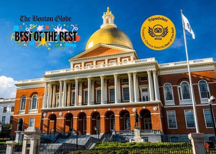 Massachusetts State House with icons of Hub Town Tour's awards